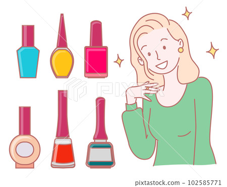 Beautiful cartoon character girl shining from beauty, collection of nail polish, isolated portrait 102585771