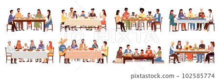 Set of illustrations on the theme of people eating together. Dishes of world cuisines on the table 102585774