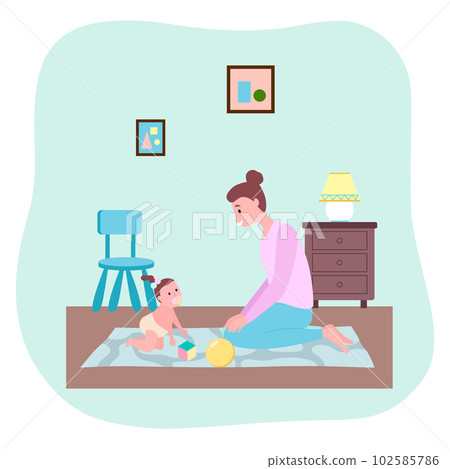Mother playing with toddler girl at carpet, ball, cube toys, happy woman looking at her daughter Mother playing with toddler girl at carpet, ball, cube toys, happy woman looking at her daughter 102585786
