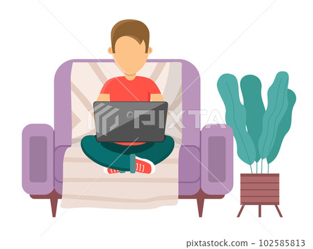 The man is sitting on the couch. Young guy is working on the laptop in his hands vector illustration 102585813