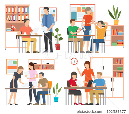 Businesspeople talking and working together in office. Staff communicating concept, teamwork Businesspeople talking and working together in office. Staff communicating concept, teamwork 102585877