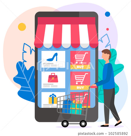 Guy with a shopping cart chooses goods on the Internet. Application for online shopping with a phone Guy with a shopping cart chooses goods on the Internet. Application for online shopping with a phone 102585892