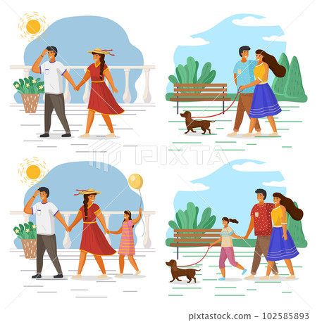Happy family holding each other s hand, hugging, walking together outdoor with small dog scenes set Happy family holding each other s hand, hugging, walking together outdoor with small dog scenes set 102585893