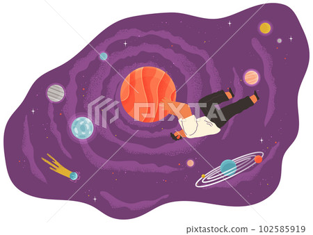 A man flying in space vector flat illustration with planets and stars cartoon cosmic scene A man flying in space vector flat illustration with planets and stars cartoon cosmic scene 102585919