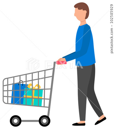 Man shopping for a good gifts for holidays. The guy with shopping cart isolated on white background 102585929