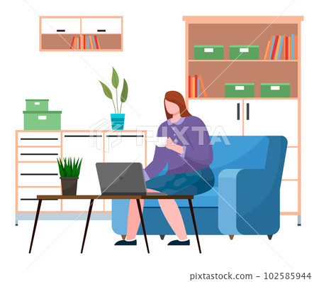 Business woman at a desk is working on the laptop. Girl freelancer typing on keyboard at home office 102585944