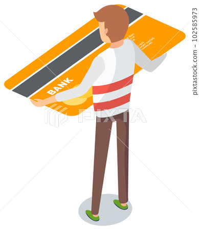 Man standing holding credit card isolated on white back view. Tiny male character and big bank card 102585973