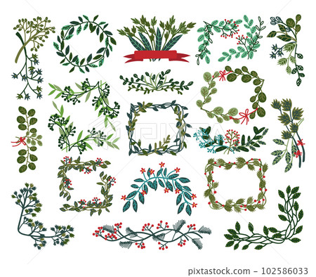 Collection of frames made of green leaves and berries. Invitation, greeting card, poster design element cartoon vector Collection of frames made of green leaves and berries. Invitation, greeting card, poster design element cartoon vector 102586033