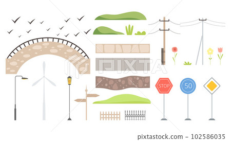City and Park Landscape Elements with Road Sign, Lamp Post, Bridge and Pathway Vector Set City and Park Landscape Elements with Road Sign, Lamp Post, Bridge and Pathway Vector Set 102586035