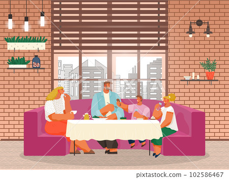 Family have lunch in restaurant or cafe, people eating delicious food, leisure time in public place Family have lunch in restaurant or cafe, people eating delicious food, leisure time in public place 102586467