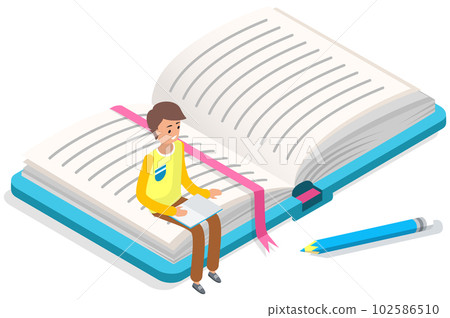 Man sitting on opened notebook with exercise book. Distance learning or online education, knowledge 102586510
