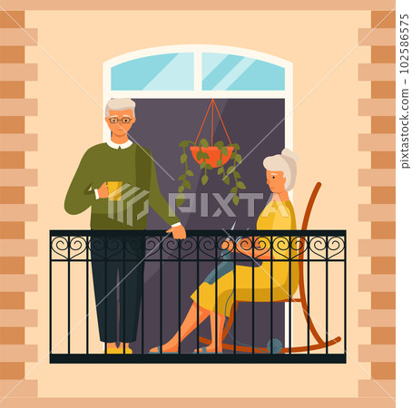 Elderly couple, man with cup and woman is knitting a scarf sitting on the balcony of their house Elderly couple, man with cup and woman is knitting a scarf sitting on the balcony of their house 102586575