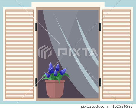 Flowerpot on the windowsill. Large window with... - Stock Illustration ...