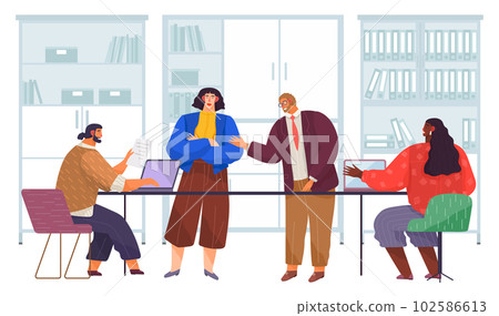 Businesspeople communicating, discuss a project. Business meeting, working process in office room 102586613
