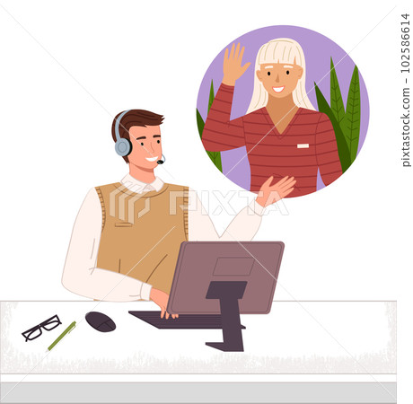 A man support worker, telephone service operator with headphones talking to a client blonde woman 102586614