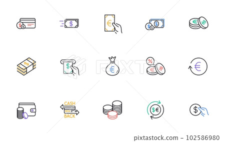 Money and payment line icons. Cash, Wallet and Coins. Account cashback linear icon set. Bicolor outline web elements. Vector Money and payment line icons. Cash, Wallet and Coins. Account cashback linear icon set. Bicolor outline web elements. Vector 102586980