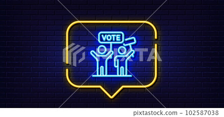 Neon light speech bubble. Voting campaign line icon. People rally with signs. Public election symbol. Neon light background. Voting campaign glow line. Brick wall banner. Vector 102587038