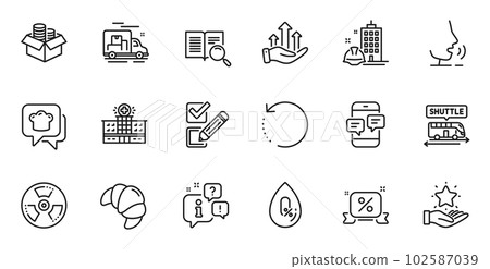 Outline set of Checkbox, Loyalty program and Search text line icons for web application. Talk, information, delivery truck outline icon. Include Hospital building, No alcohol, Money box icons. Vector 102587039