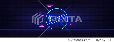 Neon light glow effect. No smoking line icon. Stop smoke sign. Prohibit cigarette symbol. 3d line neon glow icon. Brick wall banner. No smoking outline. Vector Neon light glow effect. No smoking line icon. Stop smoke sign. Prohibit cigarette symbol. 3d line neon glow icon. Brick wall banner. No smoking outline. Vector 102587044