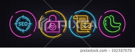Mail letter, Password encryption and Seo minimal line icons. Neon laser 3d lights. Cashew nut icons. For web, application, printing. Read e-mail, Protection locker, Search target. Vector 102587070