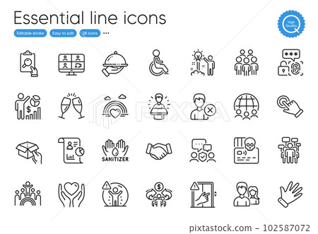 Disability, Video conference and Touchscreen gesture line icons. Collection of Lgbt, Global business, Handshake icons. Cyber attack, Teamwork, Hand sanitizer web elements. Hand, Inspect. Vector Disability, Video conference and Touchscreen gesture line icons. Collection of Lgbt, Global business, Handshake icons. Cyber attack, Teamwork, Hand sanitizer web elements. Hand, Inspect. Vector 102587072