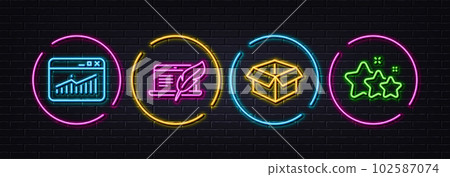 Website statistics, Copyright laptop and Open box minimal line icons. Neon laser 3d lights. Stars icons. For web, application, printing. Data analysis, Writer device, Delivery package. Vector Website statistics, Copyright laptop and Open box minimal line icons. Neon laser 3d lights. Stars icons. For web, application, printing. Data analysis, Writer device, Delivery package. Vector 102587074