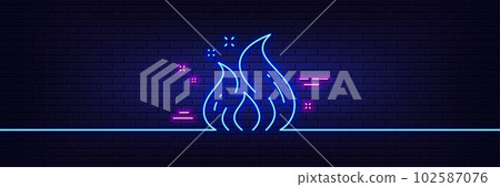 Neon light glow effect. Fire energy line icon. Flame sign. Ecology symbol. 3d line neon glow icon. Brick wall banner. Fire energy outline. Vector Neon light glow effect. Fire energy line icon. Flame sign. Ecology symbol. 3d line neon glow icon. Brick wall banner. Fire energy outline. Vector 102587076