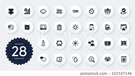 Set of Business icons, such as Employee hand, World time and Coupons flat icons. Chat message, Person talk, Market web elements. Survey check, Puzzle, Gps signs. 5g wifi, Cloud computing. Vector 102587146