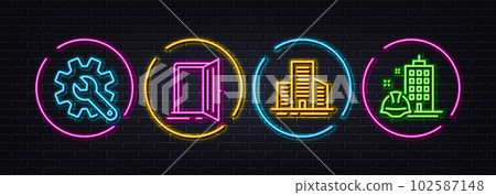 Buildings, Open door and Customisation minimal line icons. Neon laser 3d lights. Construction building icons. For web, application, printing. City architecture, Entrance, Settings. Vector Buildings, Open door and Customisation minimal line icons. Neon laser 3d lights. Construction building icons. For web, application, printing. City architecture, Entrance, Settings. Vector 102587148