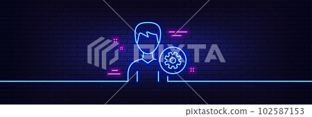 Neon light glow effect. User settings line icon. Profile Avatar with cogwheel sign. Male Person silhouette symbol. 3d line neon glow icon. Brick wall banner. Support outline. Vector 102587153