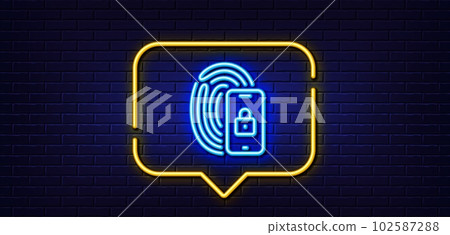Neon light speech bubble. Lock line icon. Fingerprint access sign. Security padlock symbol. Neon light background. Lock glow line. Brick wall banner. Vector 102587288