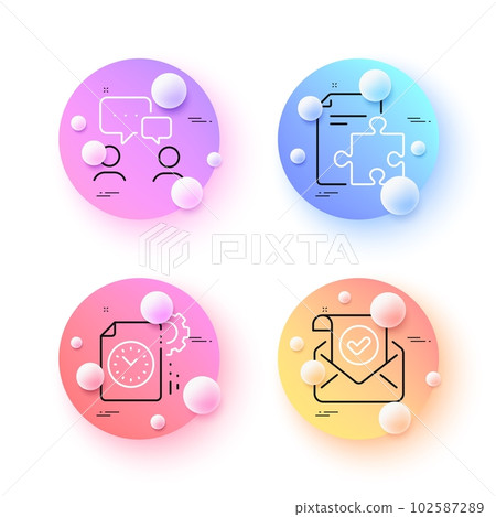 Strategy, Project deadline and People chatting minimal line icons. 3d spheres or balls buttons. Confirmed mail icons. For web, application, printing. Puzzle, Time management, Conference. Vector 102587289