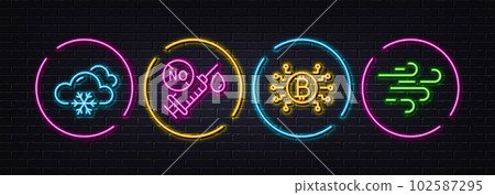 Bitcoin system, Snow weather and Coronavirus vaccine minimal line icons. Neon laser 3d lights. Windy weather icons. For web, application, printing. Cryptocurrency scheme, Snowflake, Syringe. Vector 102587295