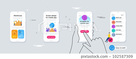 Outline set of Fireworks rocket, Rate button and Farsightedness line icons for web application. Phone ui interface. Include Work home, Human sing, Vitamin e icons. Delivery, Phone protect. Vector 102587309