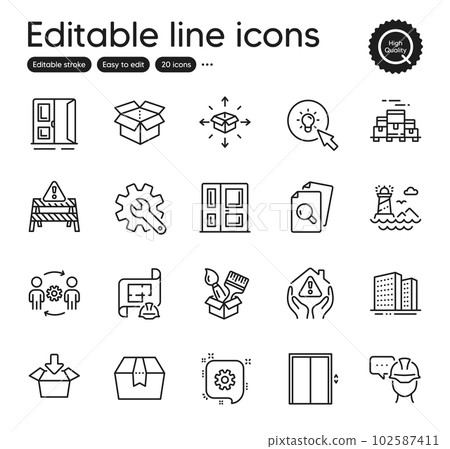 Set of Industrial outline icons. Contains icons as Customisation, Brush and House protection elements. Inspect, Engineering plan, Entrance web signs. Get box, Buildings, Open box elements. Vector 102587411