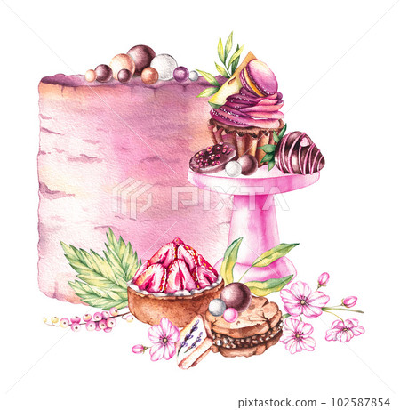 Watercolor cake in a composition with a stand for desserts, a tartlet, cookies, strawberries in chocolate and flowers 102587854