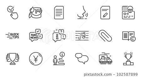 Outline set of Support, Education and Musical note line icons for web application. Talk, information, delivery truck outline icon. Include Edit document, Fake news, Document icons. Vector 102587899