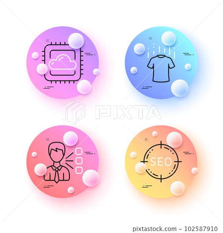 Third party, Seo and Dry t-shirt minimal line icons. 3d spheres or balls buttons. Cloud computing icons. For web, application, printing. Team leader, Search target, Laundry shirt. Vector Third party, Seo and Dry t-shirt minimal line icons. 3d spheres or balls buttons. Cloud computing icons. For web, application, printing. Team leader, Search target, Laundry shirt. Vector 102587910