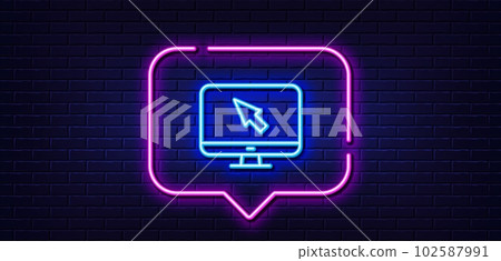 Neon light speech bubble. Computer or Monitor icon. Mouse cursor sign. Personal computer symbol. Neon light background. Internet glow line. Brick wall banner. Vector Neon light speech bubble. Computer or Monitor icon. Mouse cursor sign. Personal computer symbol. Neon light background. Internet glow line. Brick wall banner. Vector 102587991