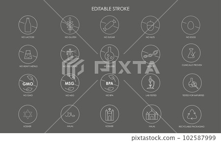 Healthy food and no allergen ingredient icons pack. Vector stock illustration isolated on black background for packaging design stickers - GMO, BPA, MSG, heavy metal, pesticides, filler free. EPS 10 102587999