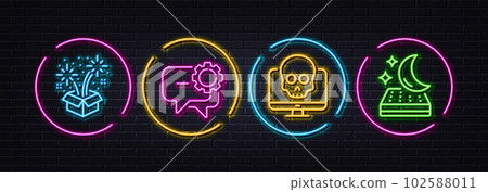 Cyber attack, Fireworks and Employees messenger minimal line icons. Neon laser 3d lights. Mattress icons. For web, application, printing. Computer malware, Pyrotechnic salute, Speech bubble. Vector 102588011