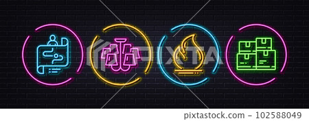 Journey path, Chandelier and Fire energy minimal line icons. Neon laser 3d lights. Wholesale inventory icons. For web, application, printing. Project process, Ceiling light, Heating. Vector Journey path, Chandelier and Fire energy minimal line icons. Neon laser 3d lights. Wholesale inventory icons. For web, application, printing. Project process, Ceiling light, Heating. Vector 102588049