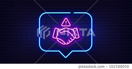 Neon light speech bubble. Dont handshake line icon. Hand touch warning sign. Hygiene notification symbol. Neon light background. Dont handshake glow line. Brick wall banner. Vector Neon light speech bubble. Dont handshake line icon. Hand touch warning sign. Hygiene notification symbol. Neon light background. Dont handshake glow line. Brick wall banner. Vector 102588050