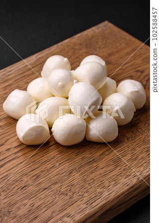 Delicious fresh mozzarella cheese in the form of small balls with salt and spices 102588457