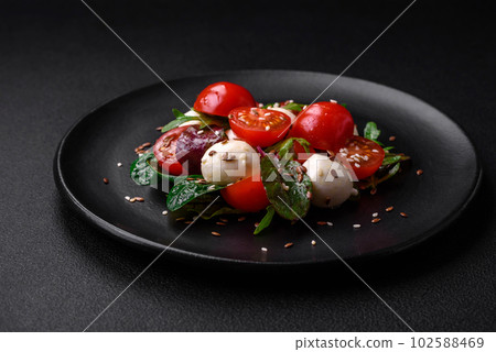 Delicious fresh salad with mozzarella cheese, cherry tomatoes, herbs, salt and spices 102588469