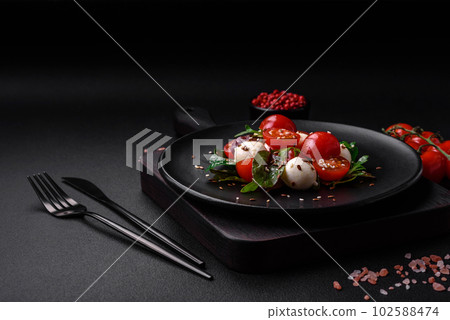 Delicious fresh salad with mozzarella cheese, cherry tomatoes, herbs, salt and spices Delicious fresh salad with mozzarella cheese, cherry tomatoes, herbs, salt and spices 102588474