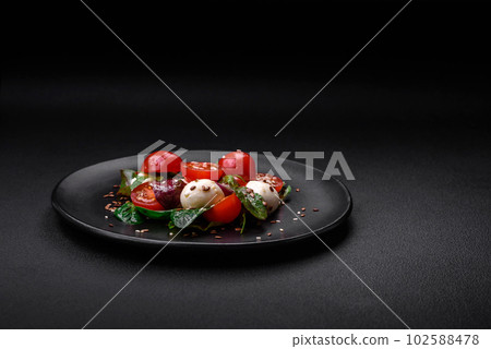 Delicious fresh salad with mozzarella cheese, cherry tomatoes, herbs, salt and spices Delicious fresh salad with mozzarella cheese, cherry tomatoes, herbs, salt and spices 102588478