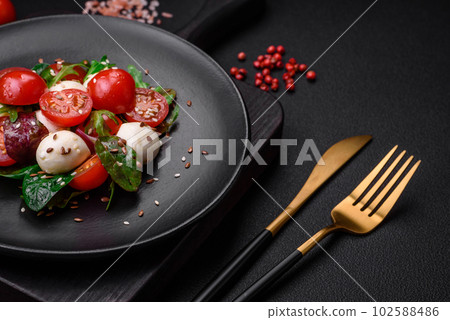 Delicious fresh salad with mozzarella cheese, cherry tomatoes, herbs, salt and spices Delicious fresh salad with mozzarella cheese, cherry tomatoes, herbs, salt and spices 102588486