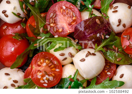 Delicious fresh salad with mozzarella cheese, cherry tomatoes, herbs, salt and spices Delicious fresh salad with mozzarella cheese, cherry tomatoes, herbs, salt and spices 102588492