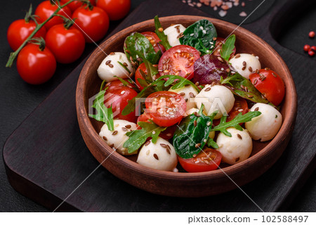 Delicious fresh salad with mozzarella cheese, cherry tomatoes, herbs, salt and spices Delicious fresh salad with mozzarella cheese, cherry tomatoes, herbs, salt and spices 102588497